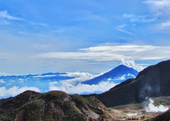 Pemandangan Gunung Papandayan yang menakjubkan dengan kawah aktif dan alam sekitarnya.