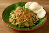 Karedok dengan sayuran mentah dan bumbu kacang khas