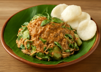 Karedok dengan sayuran mentah dan bumbu kacang khas