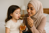 ilustrasi anak batuk dan ramuan herbal alami