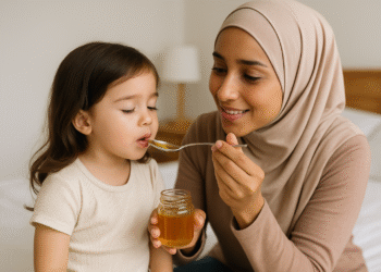 ilustrasi anak batuk dan ramuan herbal alami