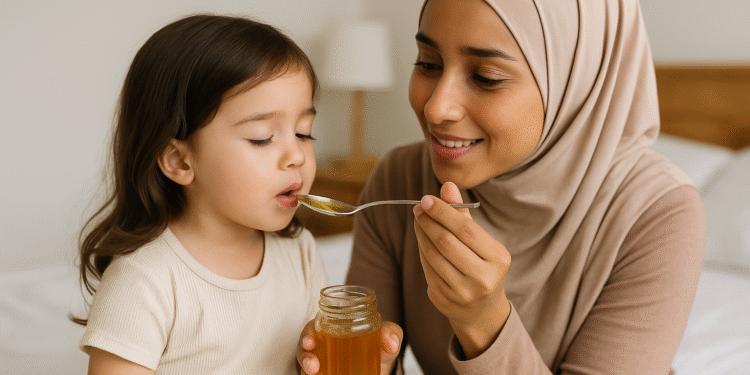 ilustrasi anak batuk dan ramuan herbal alami